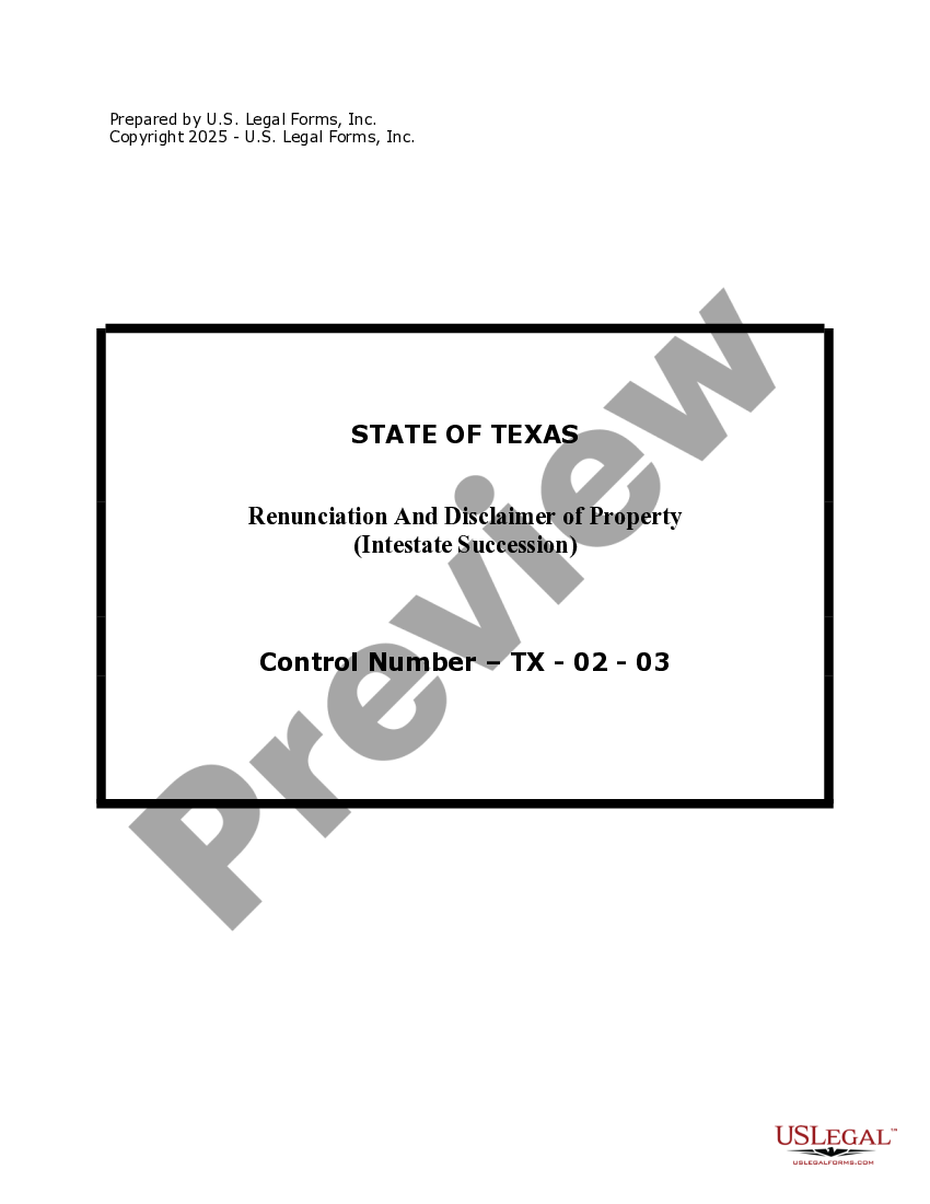 Texas Renunciation And Disclaimer of Property received by Intestate