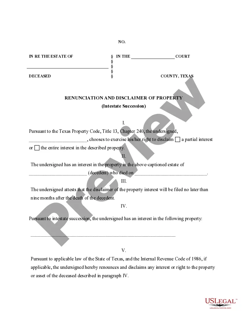 Preview Renunciation And Disclaimer of Property received by Intestate Succession