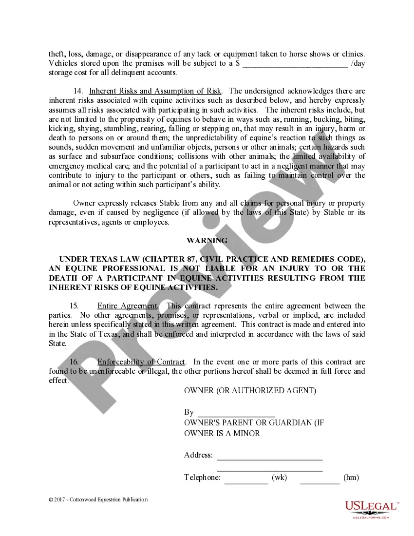 Preview Boarding Stable Agreement - Horse Equine Forms