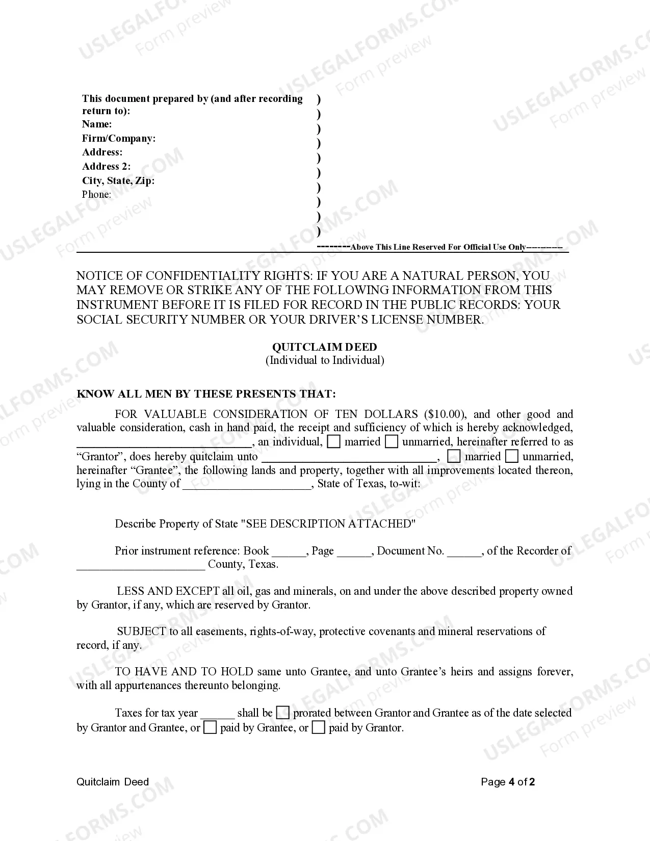 Preview Quitclaim Deed from Individual to Individual