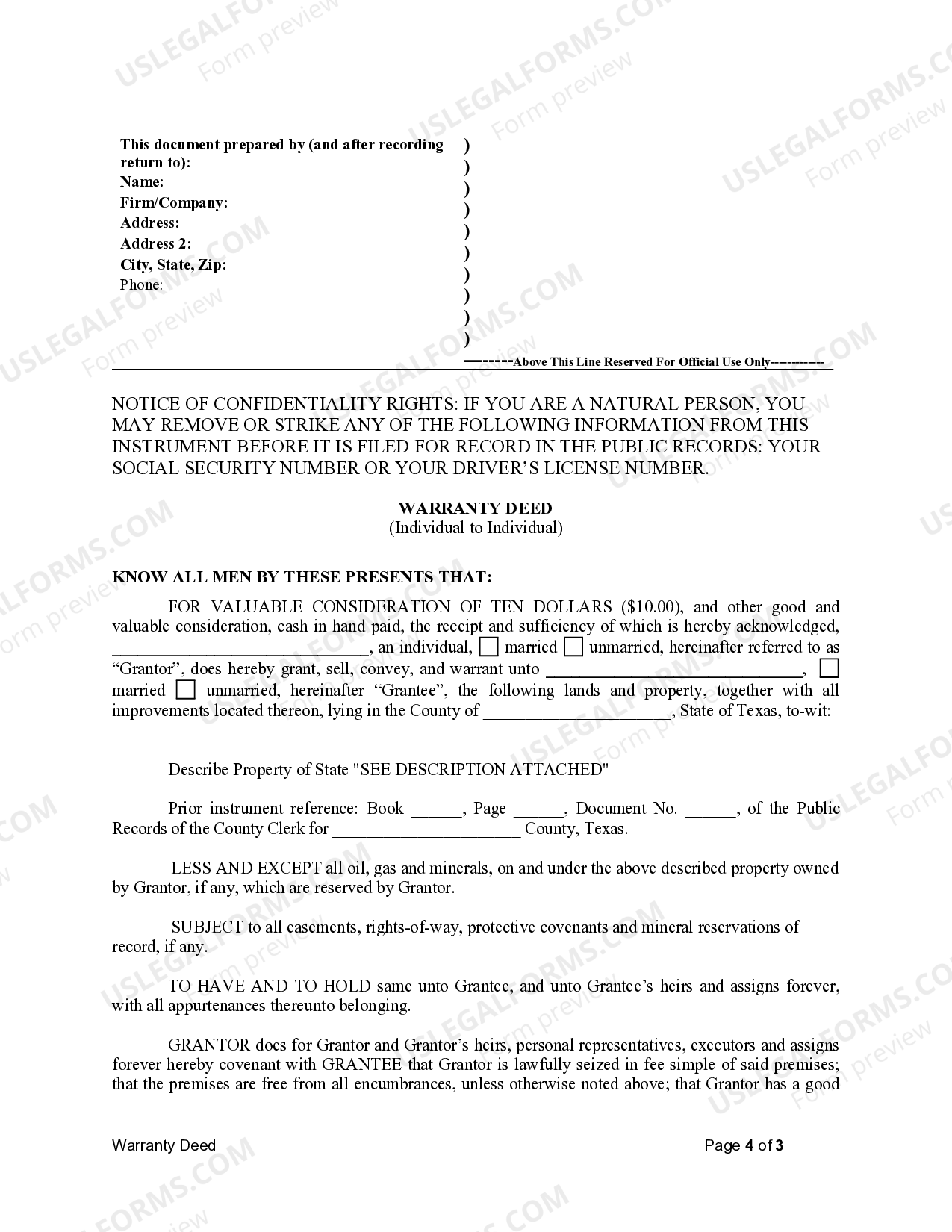 Texas Warranty Deed from Individual to Individual Warranty Deed Form