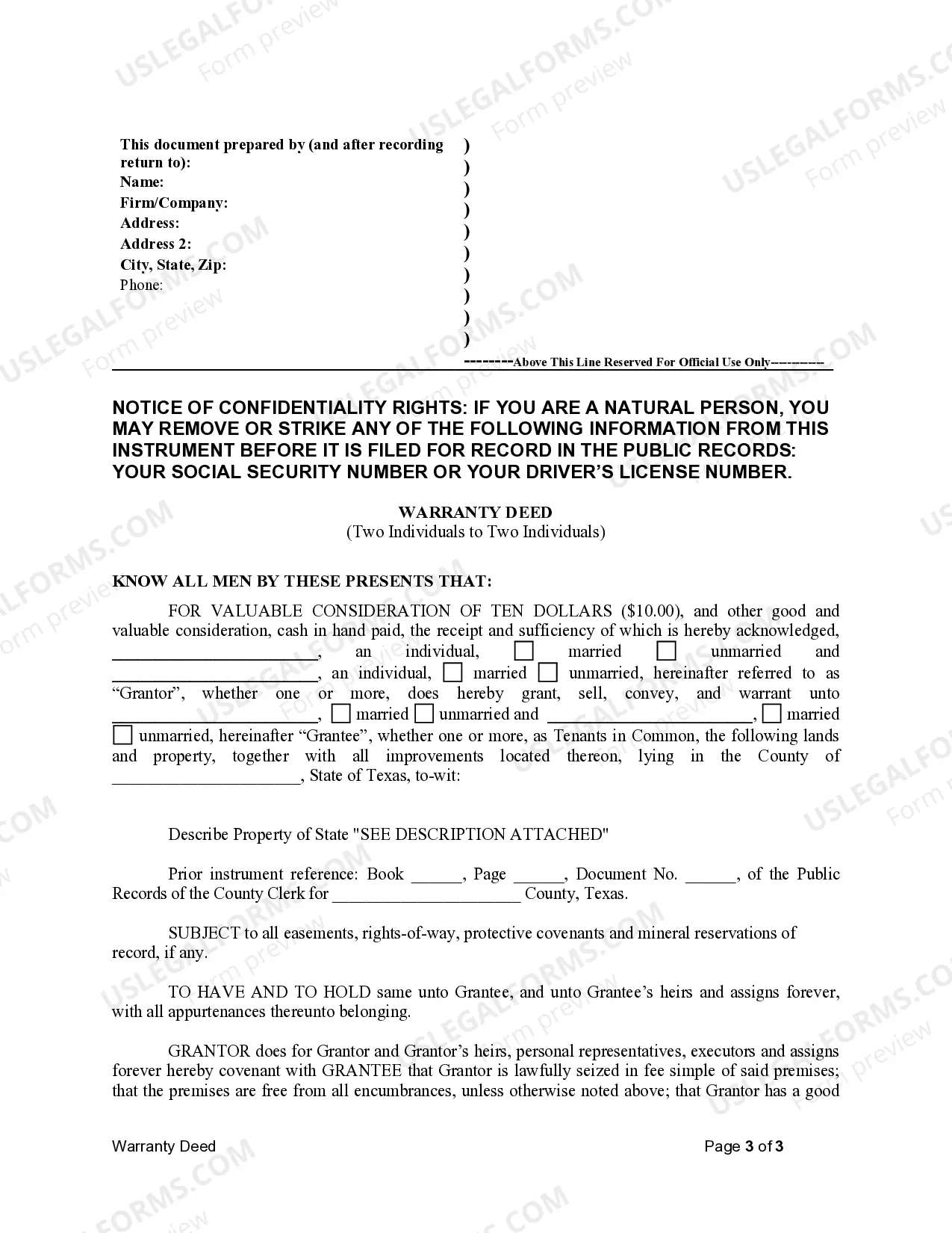 Preview Warranty Deed from Two Individuals to Two Individuals