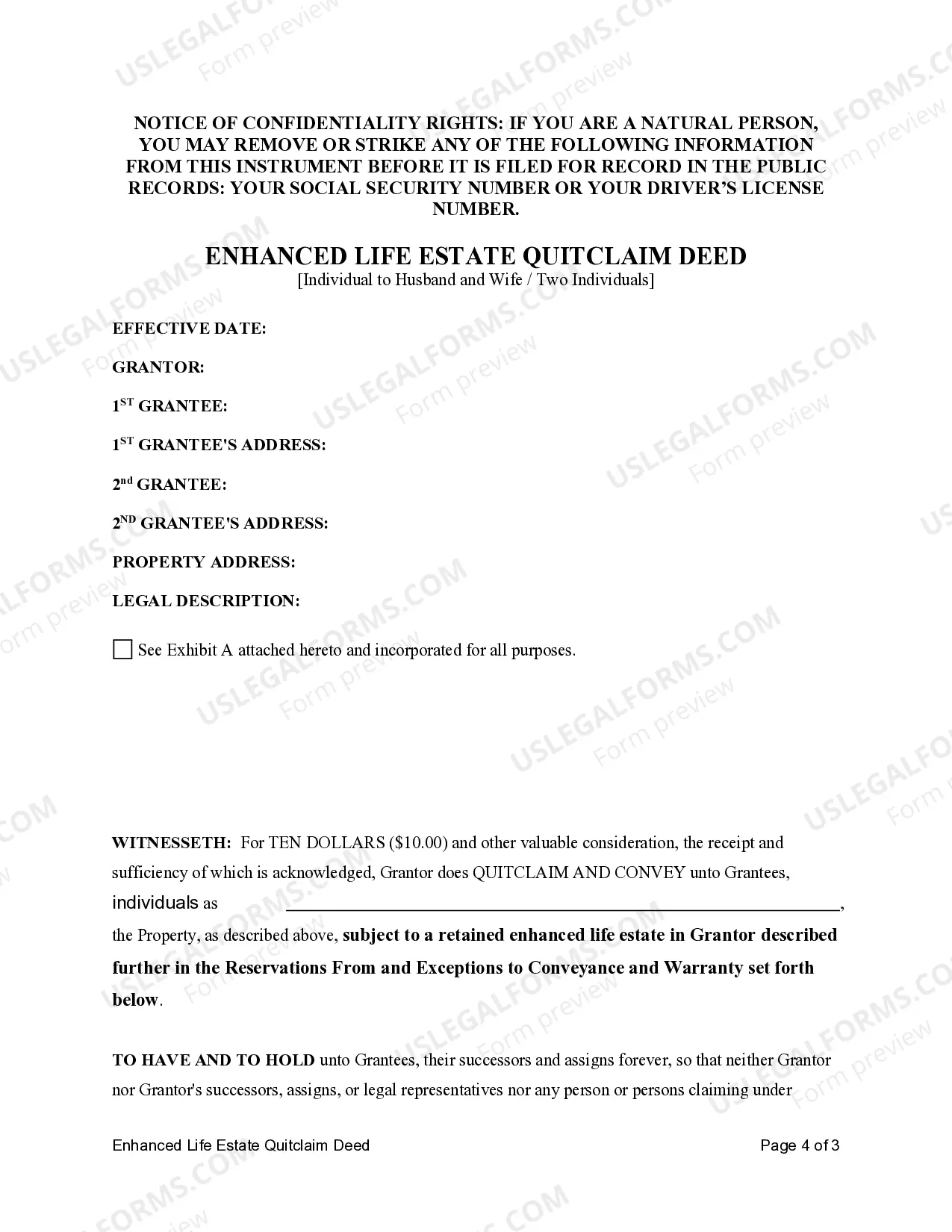 Preview Enhanced Life Estate or Lady Bird Quitclaim Deed from Individual to Two Individuals or Husband and Wife