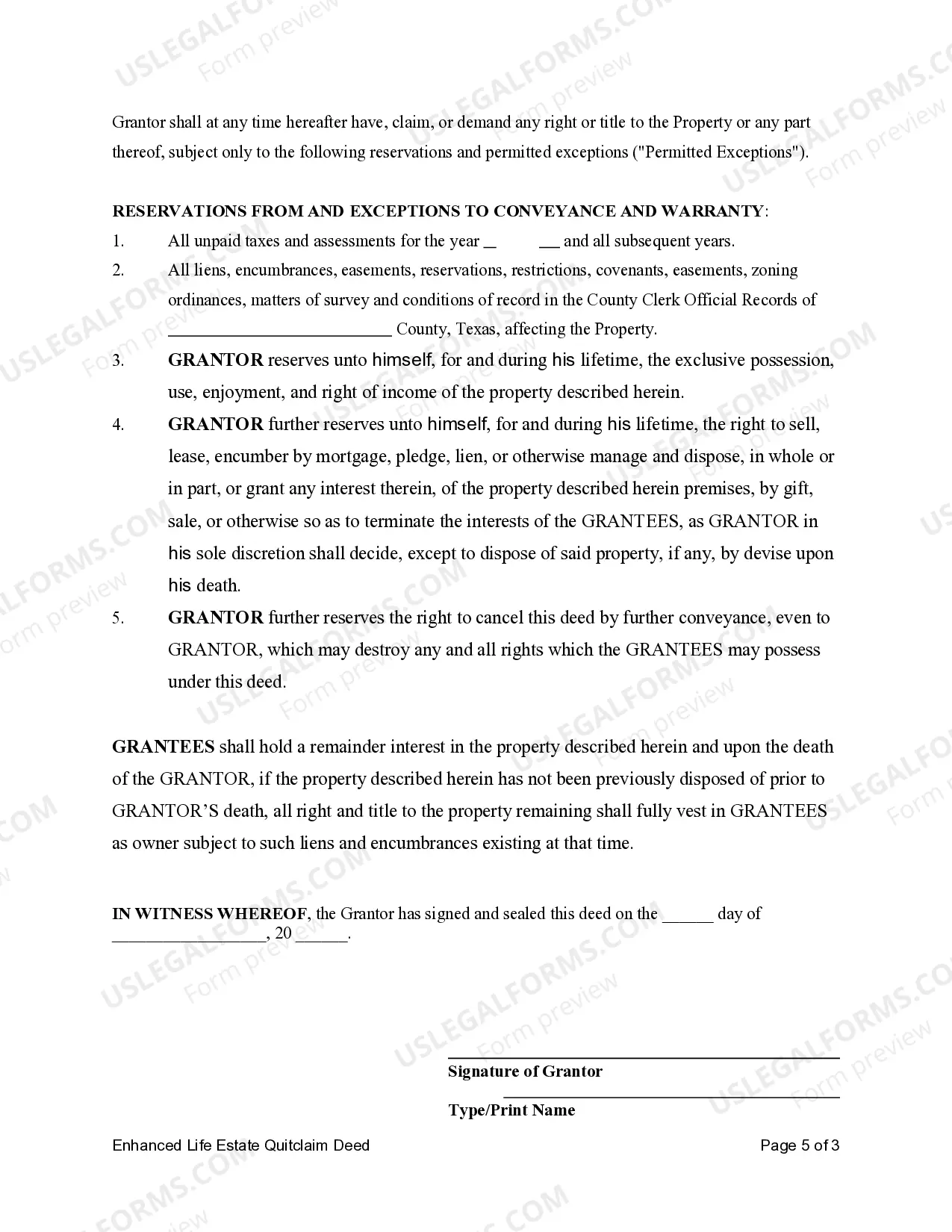 Preview Enhanced Life Estate or Lady Bird Quitclaim Deed from Individual to Two Individuals or Husband and Wife