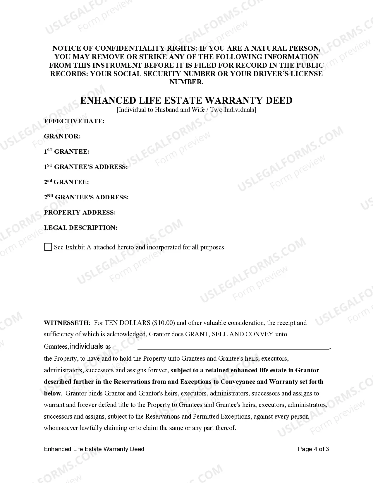 Preview Lady Bird or Enhanced Life Estate Warranty Deed from Individual to Two Individuals or Husband and Wife