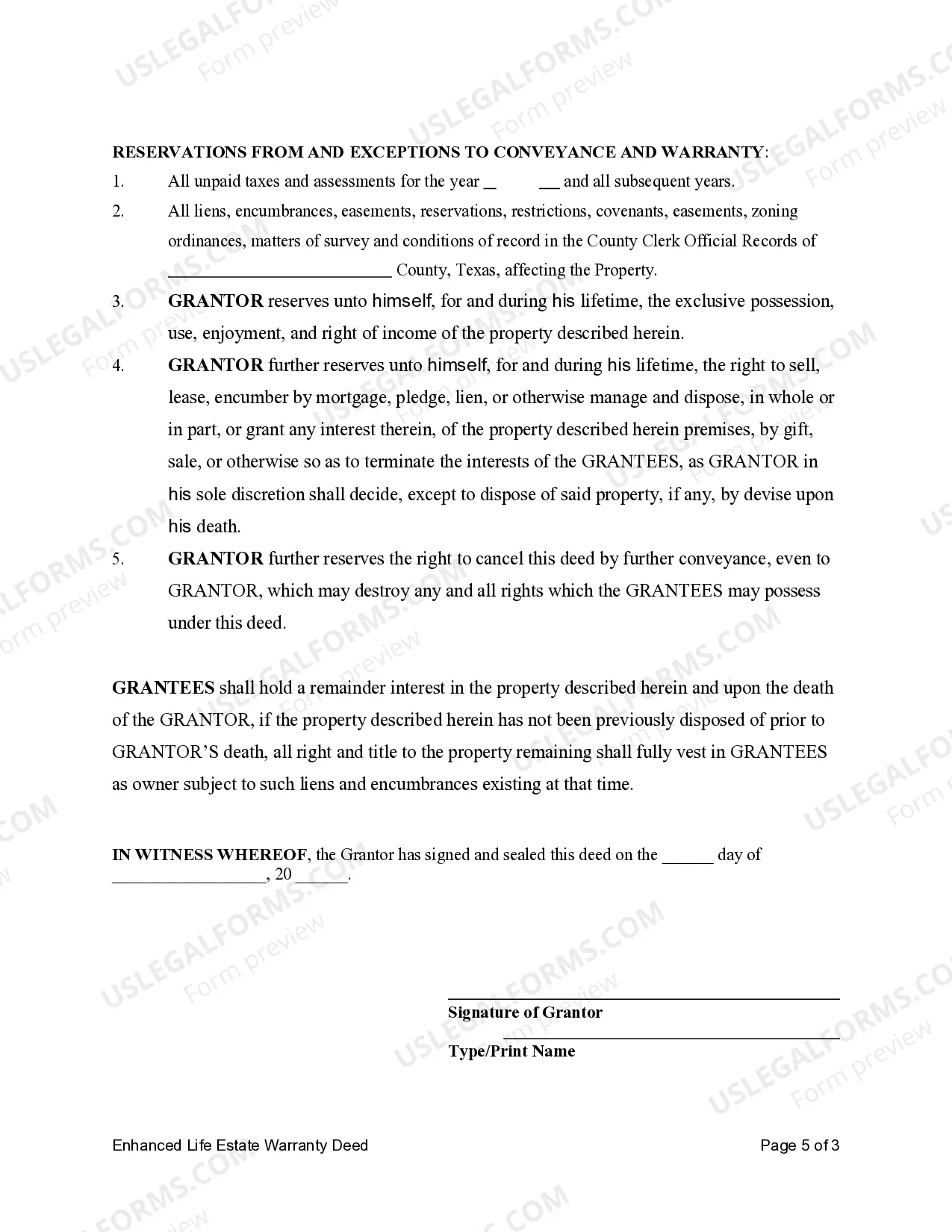 Preview Lady Bird or Enhanced Life Estate Warranty Deed from Individual to Two Individuals or Husband and Wife