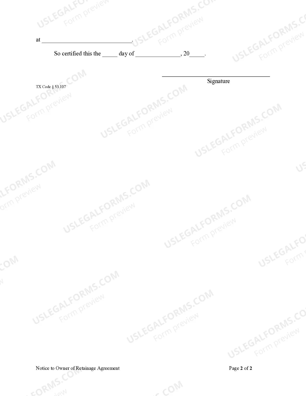 Preview Notice to Owner of Retainage Agreement - Individual