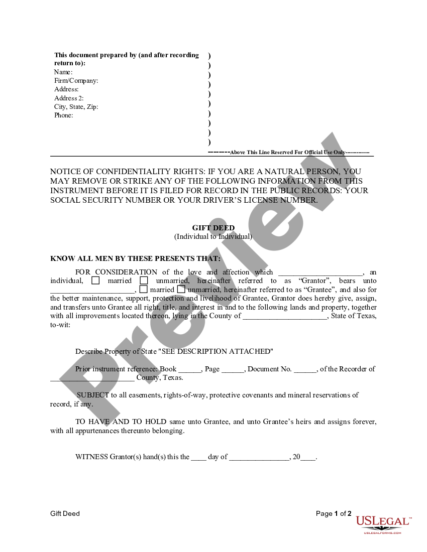 Texas Gift Deed For Individual To Individual US Legal Forms