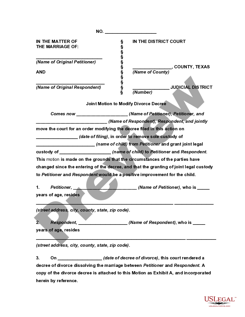 Texas Joint Motion To Modify Or Amend Divorce Decree Modify Divorce
