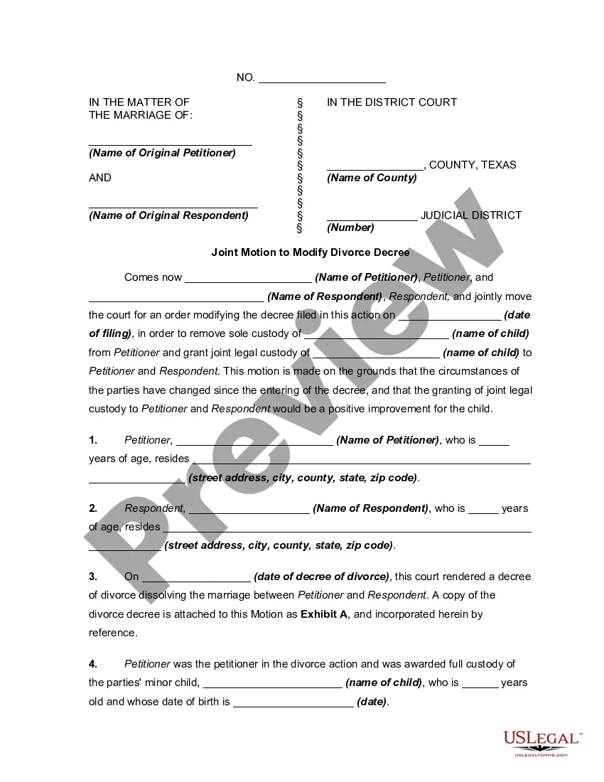 Texas Joint Motion To Modify Or Amend Divorce Decree Texas Motion Form Download Us Legal Forms 6772