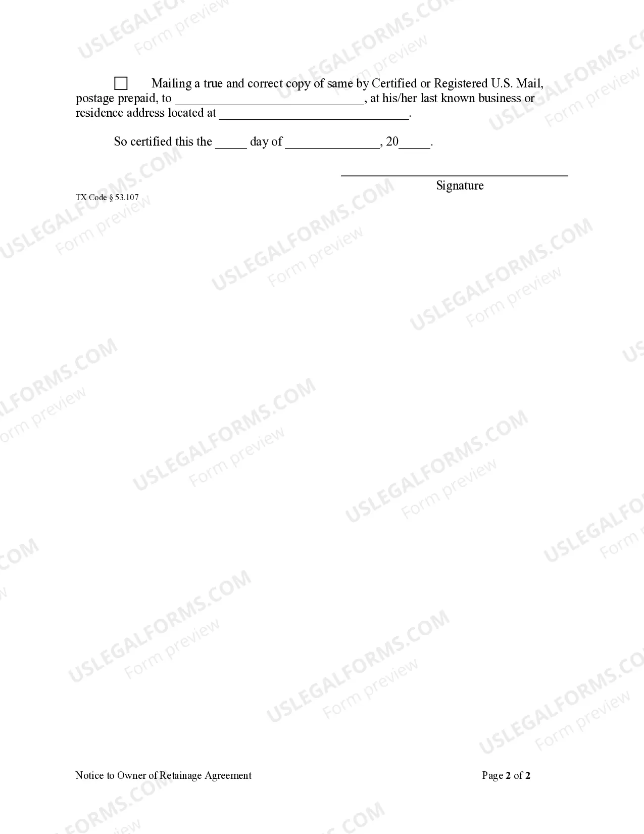 Preview Notice to Owner of Retainage Agreement - Corporation