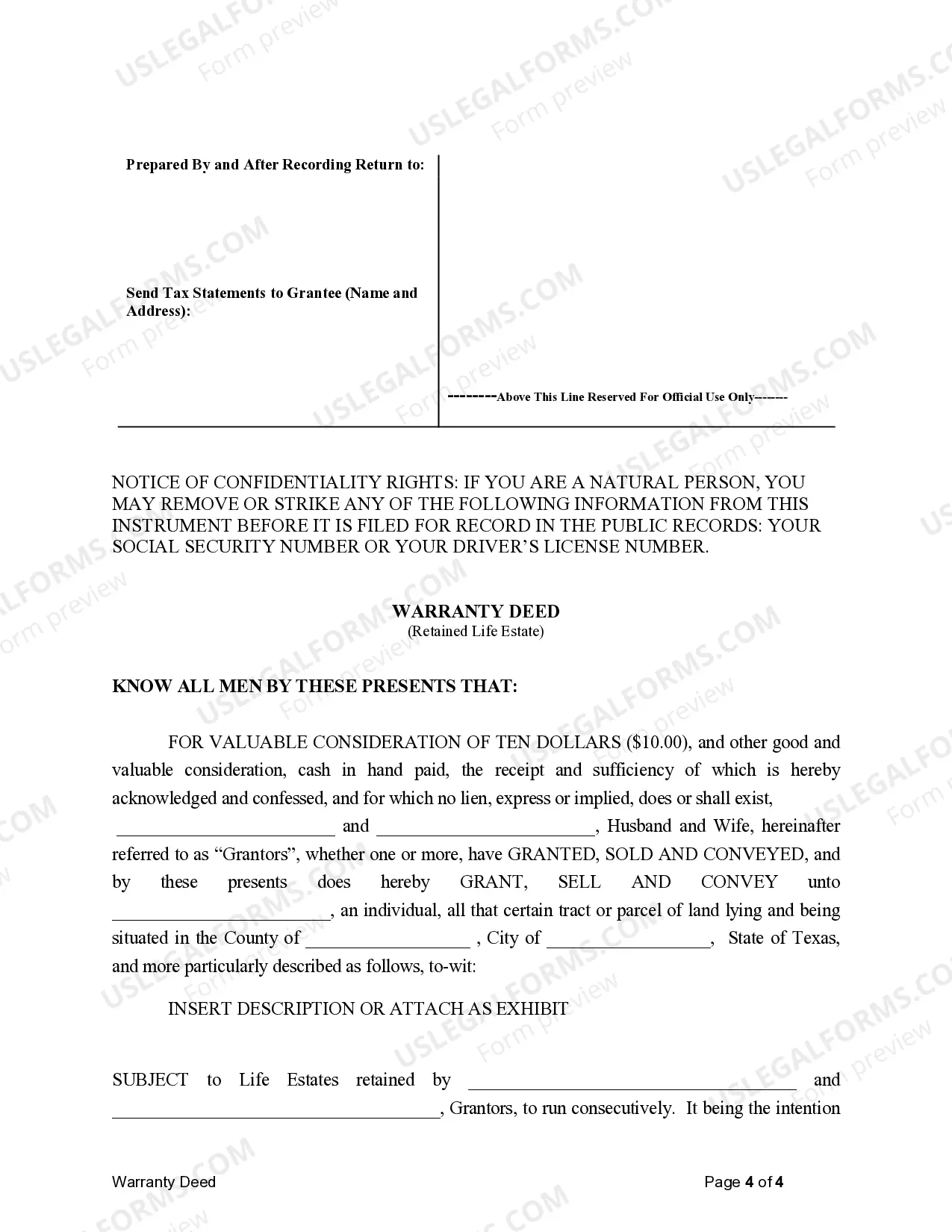 Preview Warranty Deed to Child Reserving a Life Estate in the Parents