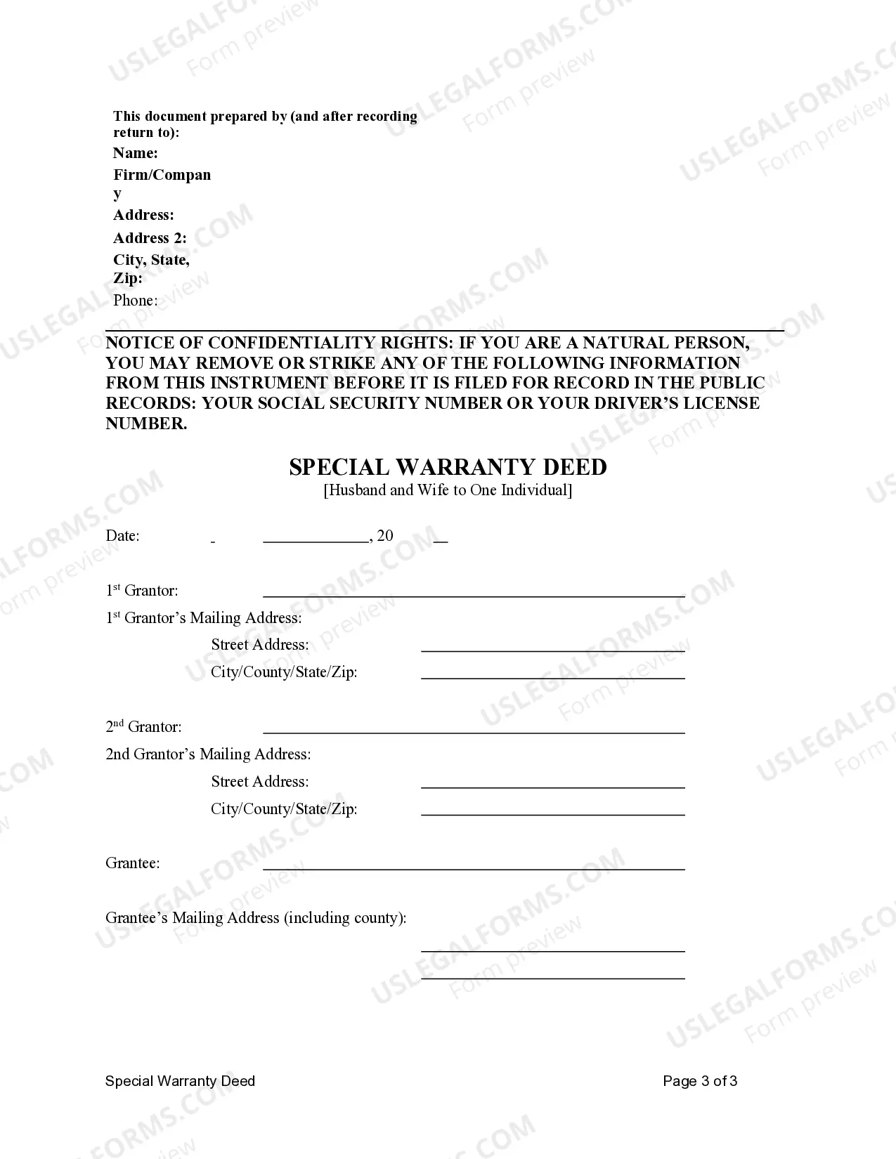 Preview Special Warranty Deed - Husband and Wife to Individual
