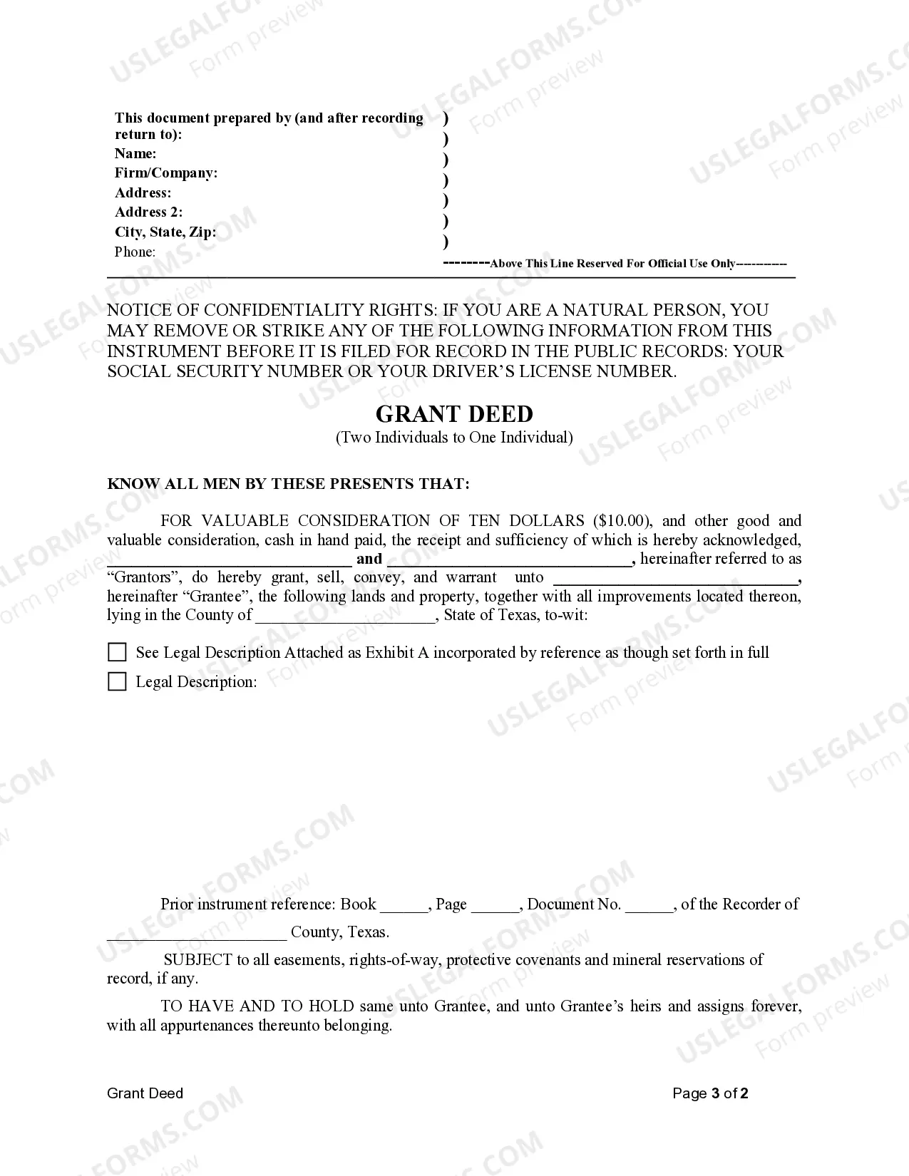 Preview Grant Deed - Two Individuals to One Individual