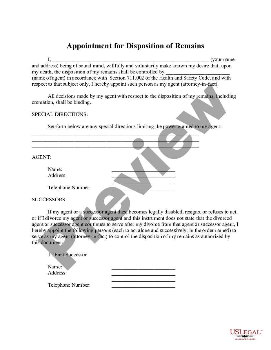 page 0 Appointment of Agent to Control Disposition of Remains preview