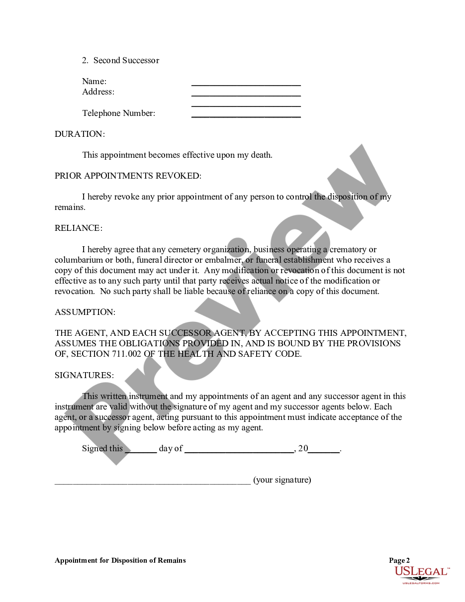 form Appointment of Agent to Control Disposition of Remains preview