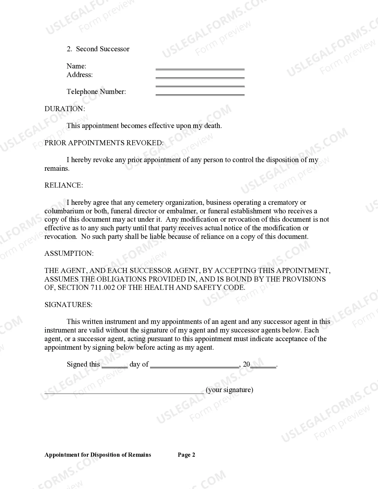 Preview Appointment of Agent to Control Disposition of Remains