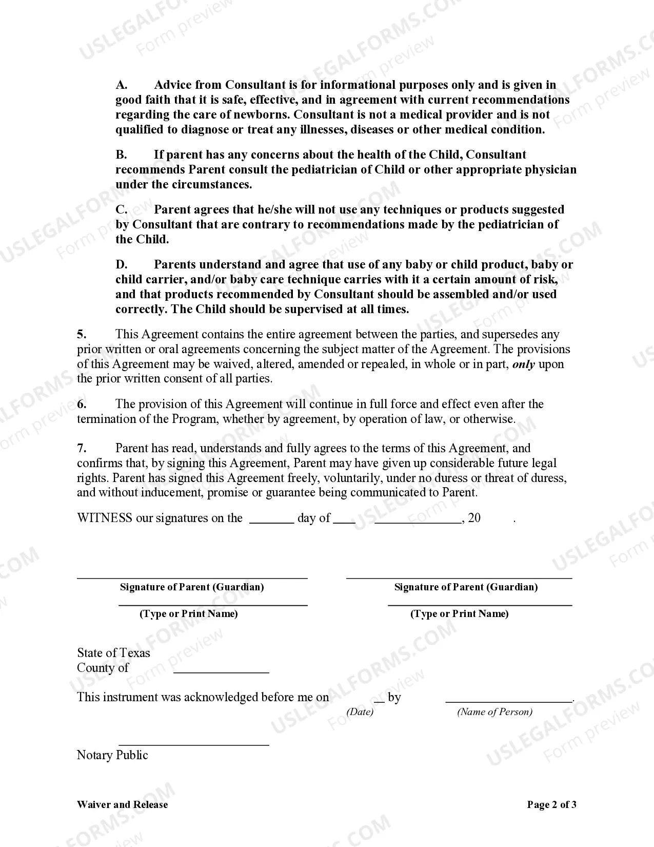 Preview Waiver and Release in Favor of a Newborn Consulting Business