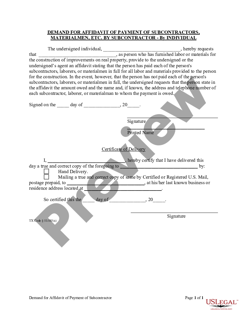 San Antonio Texas Demand For Affidavit Of Payment Of Subcontractors Materialmen Etc By 3941