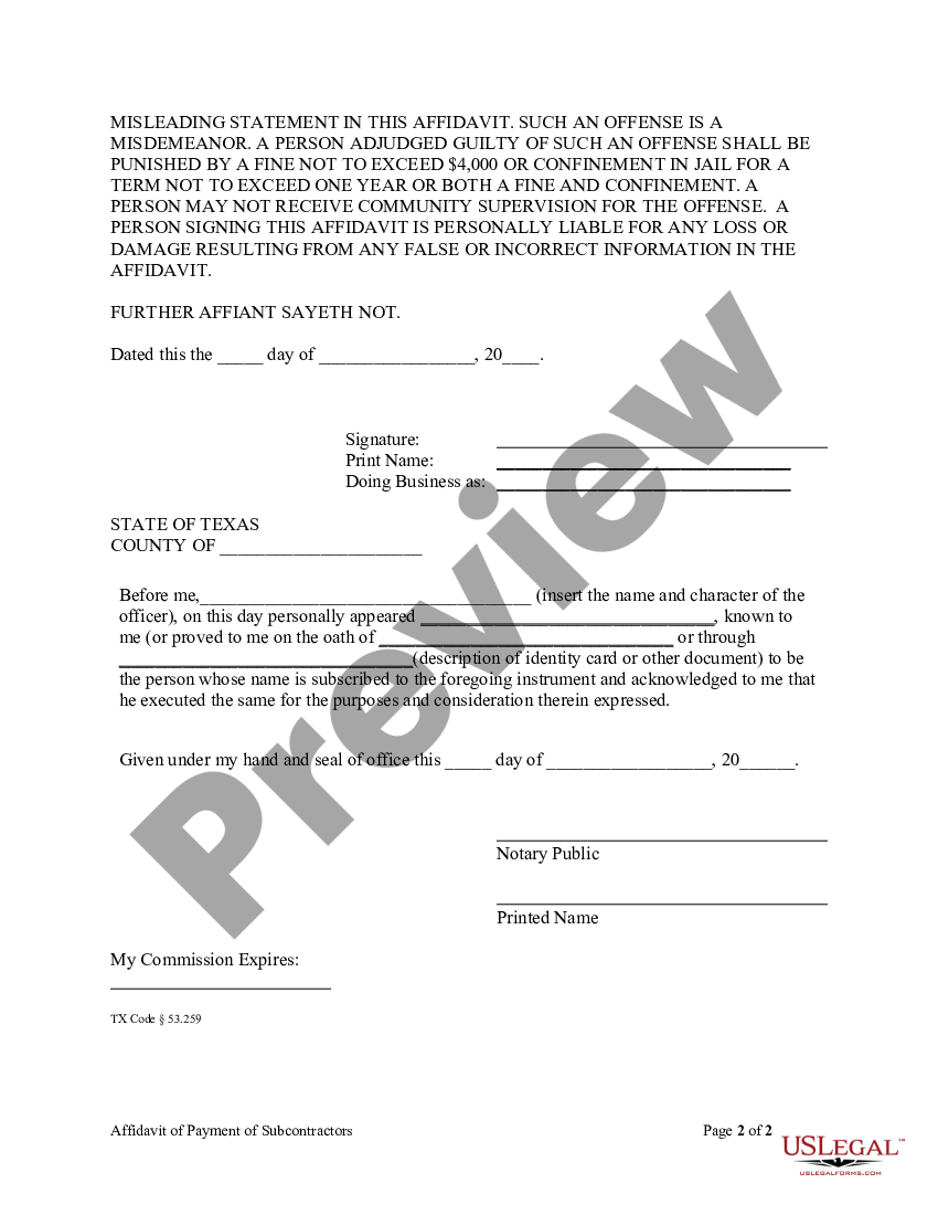 Irving Texas Affidavit Of Payment Of Subcontractors Materialmen Etc By Subcontractor 5257