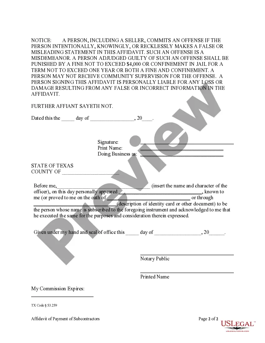 Preview Affidavit of Payment of Subcontractors, Materialmen, etc by Subcontractor - Individual