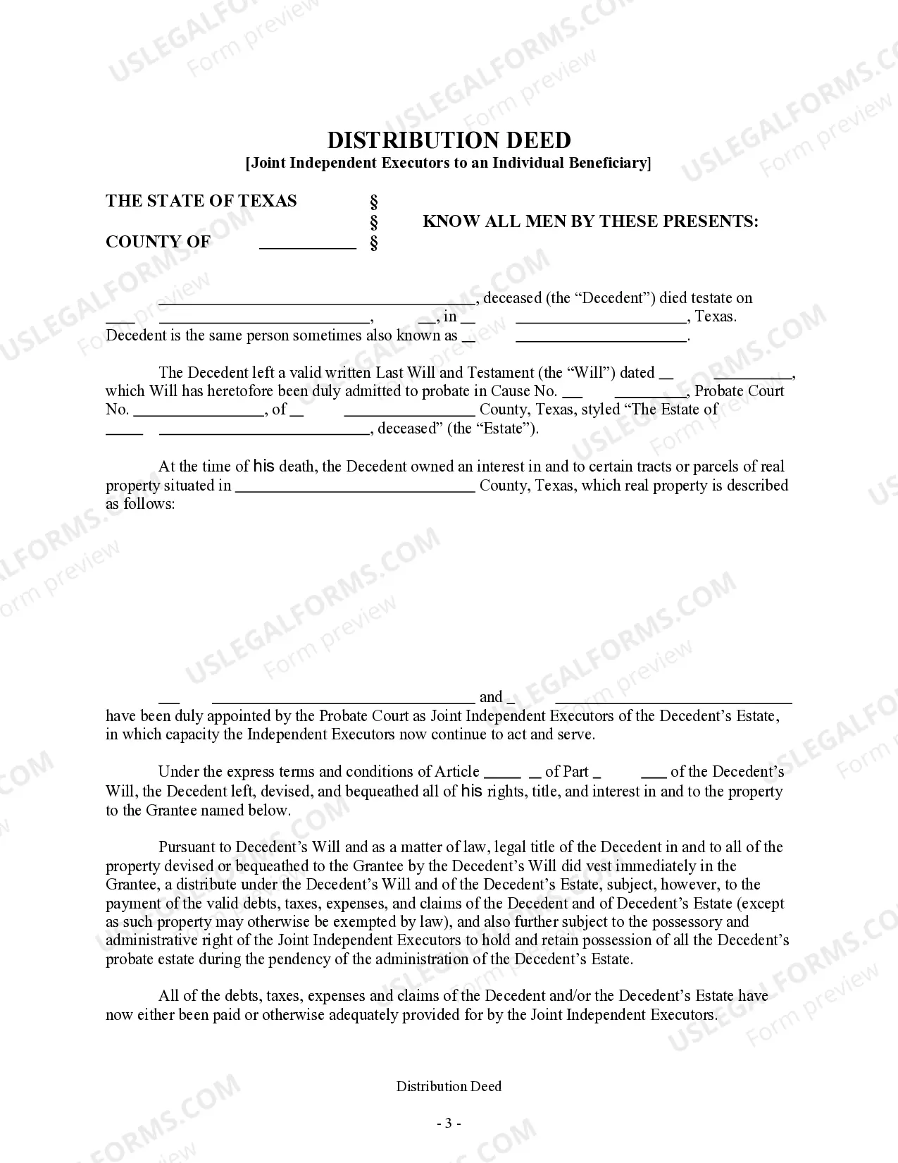 Preview Distribution Deed - Joint Independent Executors to an Individual Beneficiary
