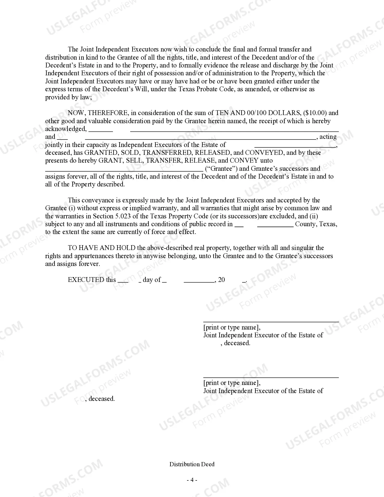 Preview Distribution Deed - Joint Independent Executors to an Individual Beneficiary