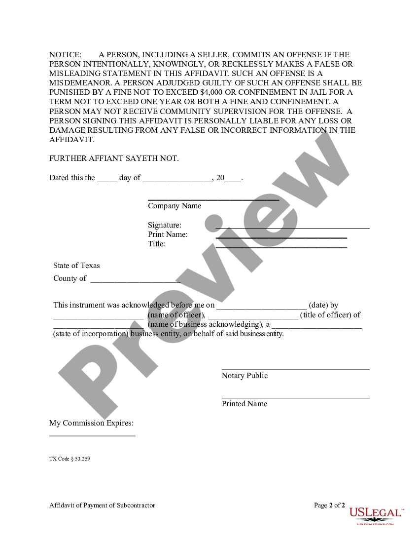 Texas Affidavit Of Payment Of Subcontractors Materialmen Etc By Subcontractor Affidavit 9007