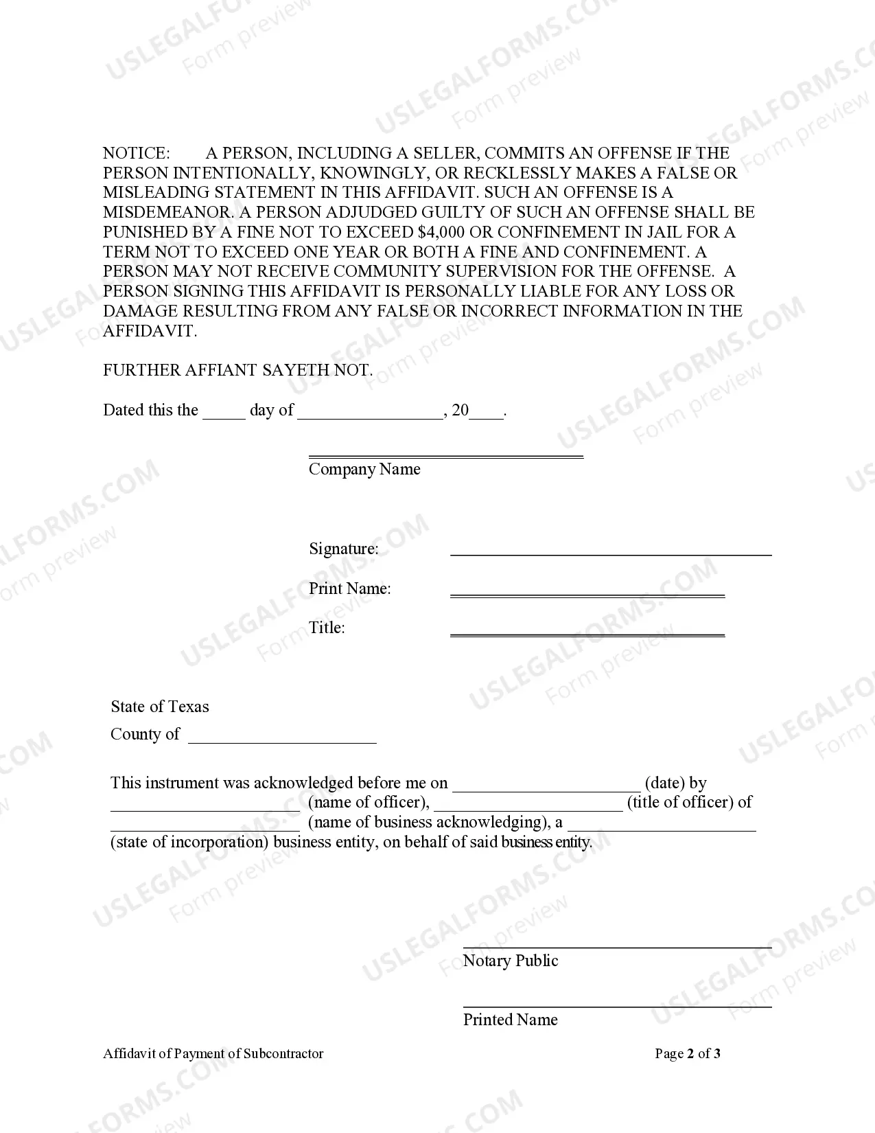 Preview Affidavit of Payment of Subcontractors, Materialmen, etc by Subcontractor - Corporation