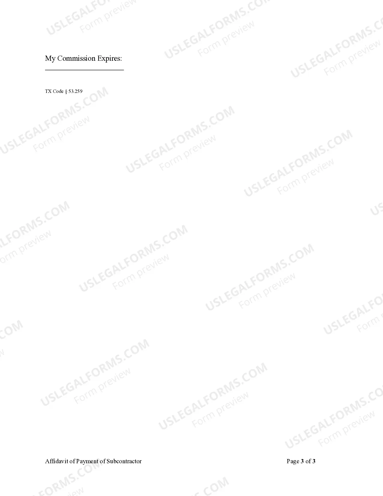 Preview Affidavit of Payment of Subcontractors, Materialmen, etc by Subcontractor - Corporation