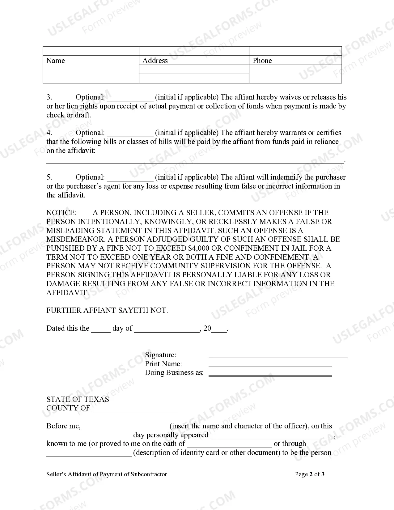 Preview Seller's Affidavit of Payment of Contractors, Subcontractors, Materialmen - Individual