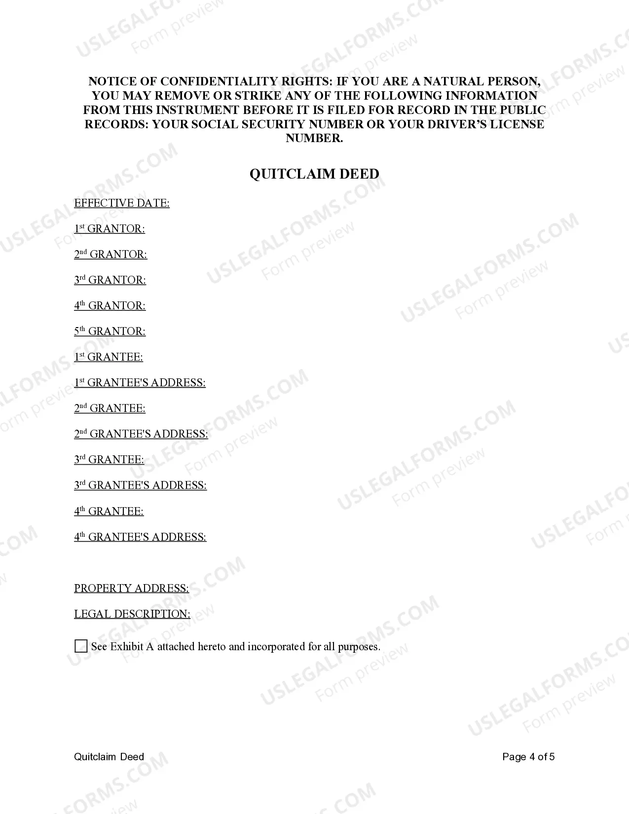Preview Quitclaim Deed from Five Individuals to Four Individuals