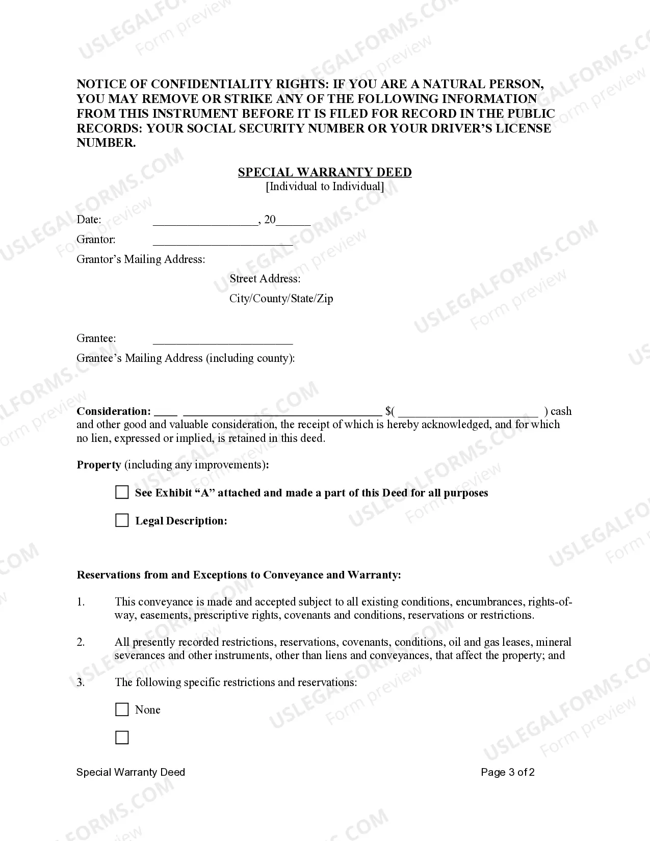 Preview Special Warranty Deed - Individual to Individual