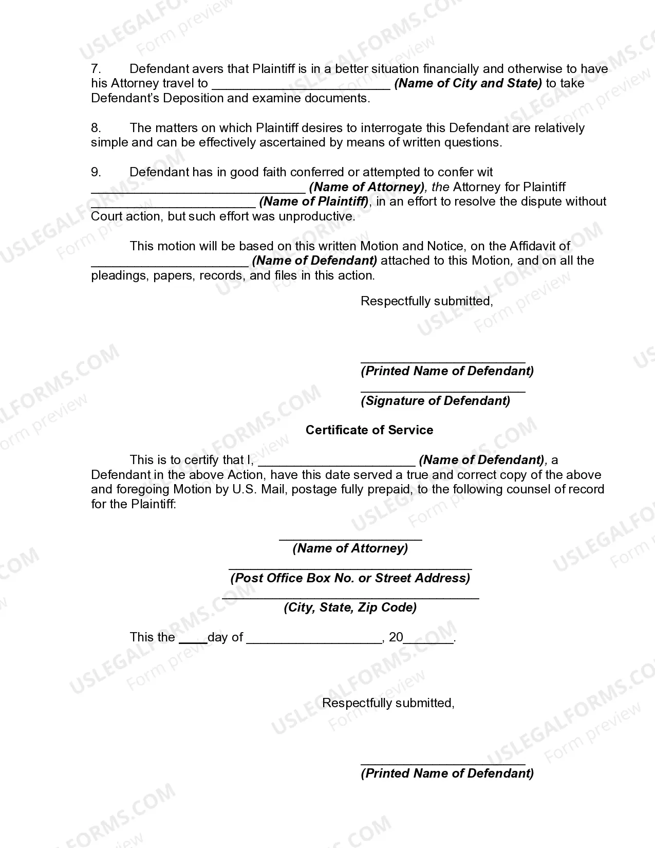 Preview Motion for Order that Deposition be taken at a Designated Place other than that Stated in Notice