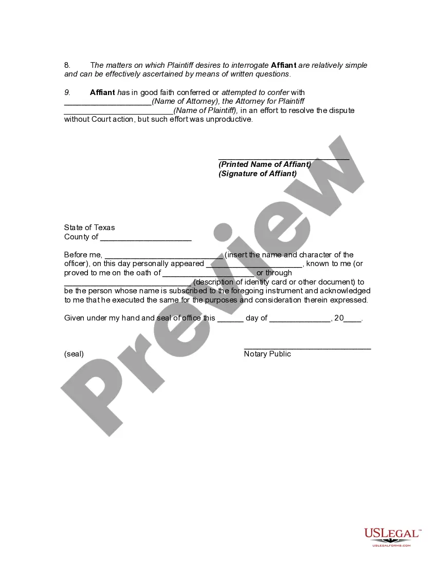Preview Affidavit in Support of Motion for Order that Deposition be taken at a Designated Place other than that Stated in Notice