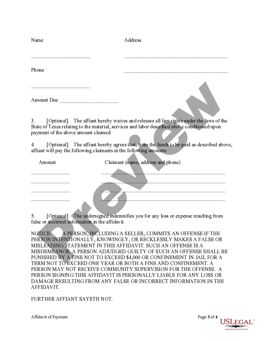 Preview Affidavit of Payment by Contractor - Mechanics Liens - Corporation
