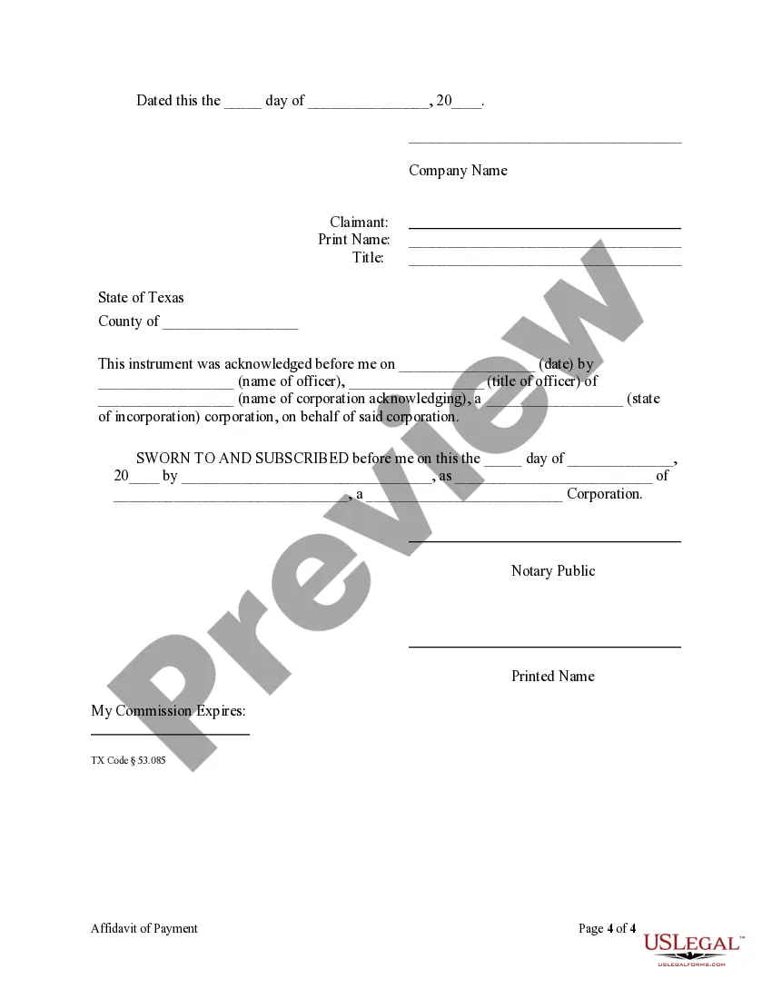 Preview Affidavit of Payment by Contractor - Mechanics Liens - Corporation