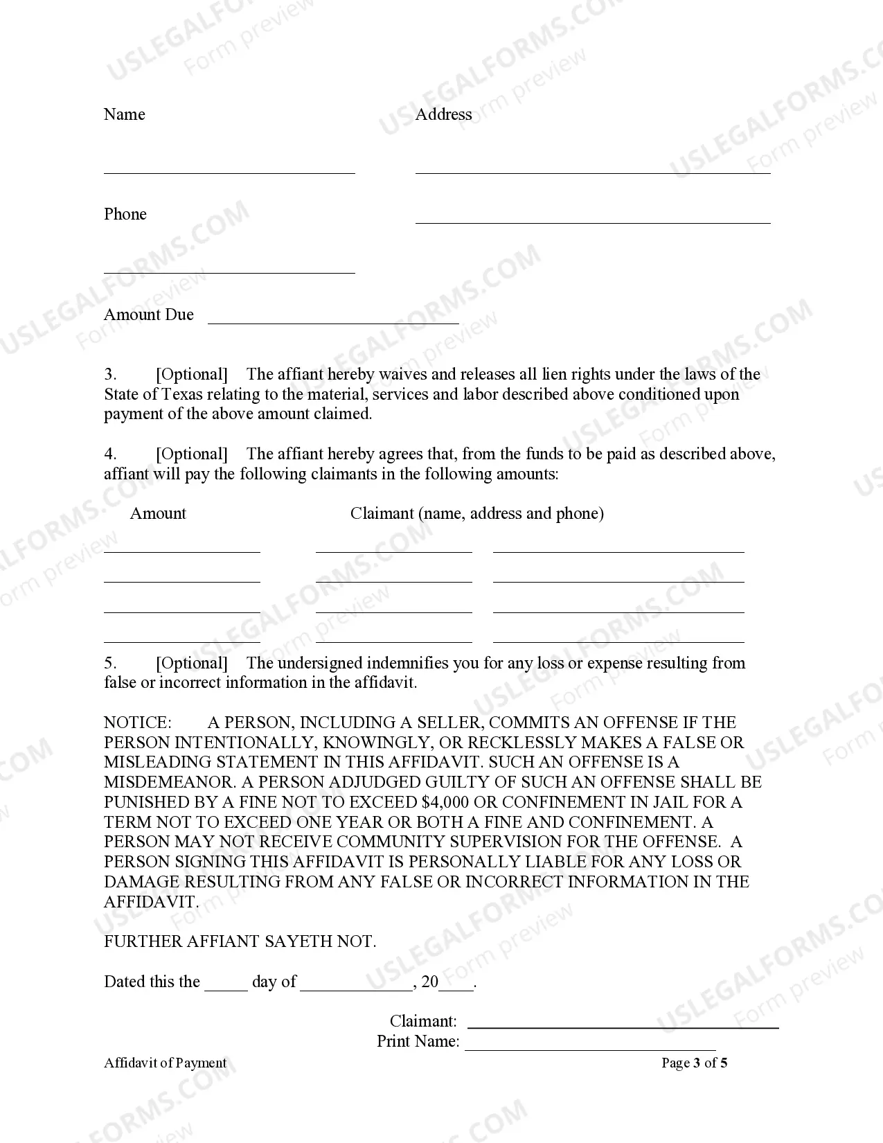 Preview Affidavit of Payment by Claimant other than Contractor - Mechanics Liens - Individual