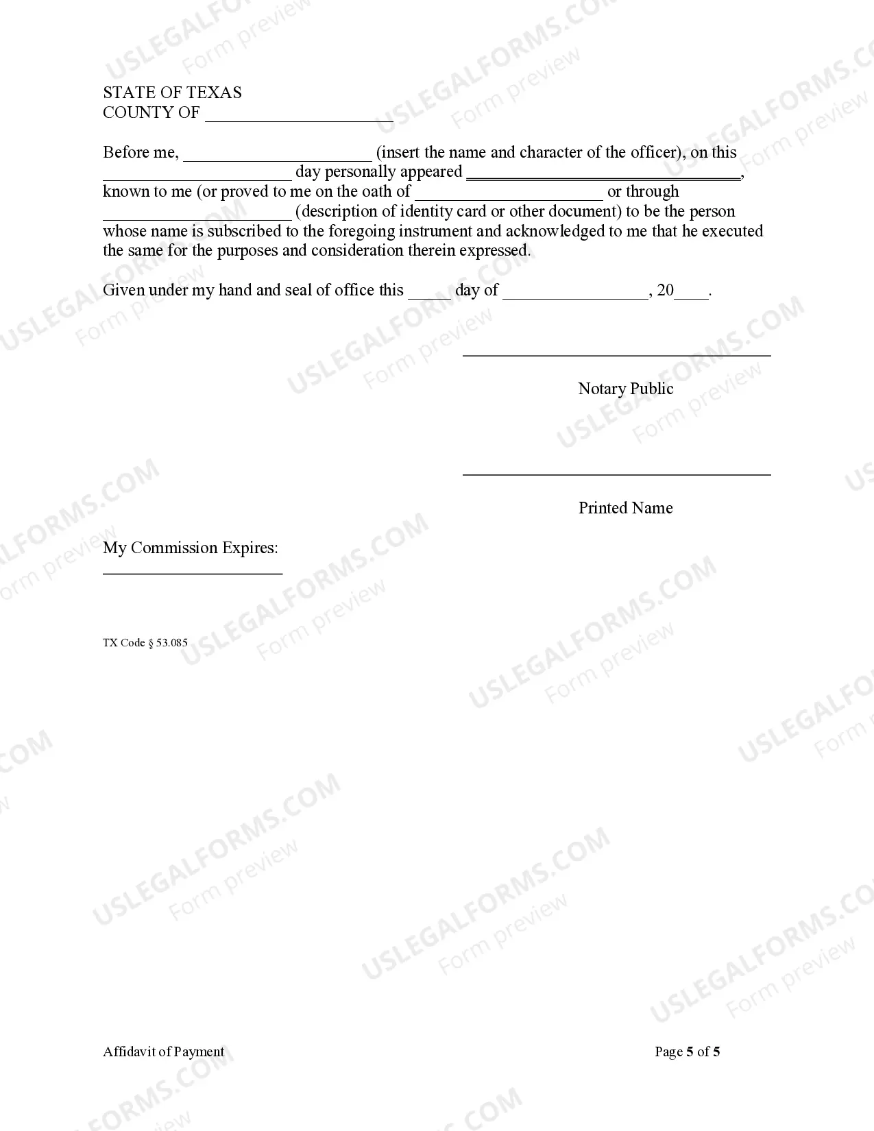 Preview Affidavit of Payment by Claimant other than Contractor - Mechanics Liens - Individual