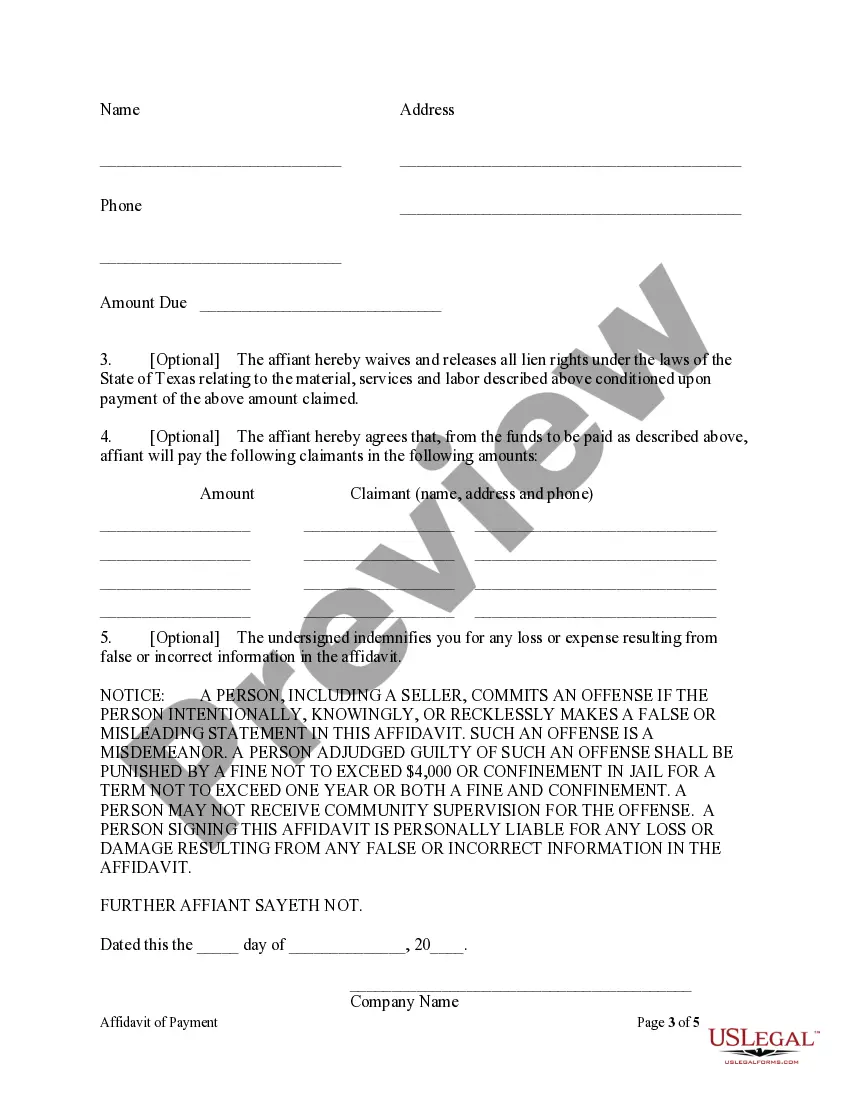 Preview Affidavit of Payment by Claimant other than Contractor - Mechanics Liens - Corporation