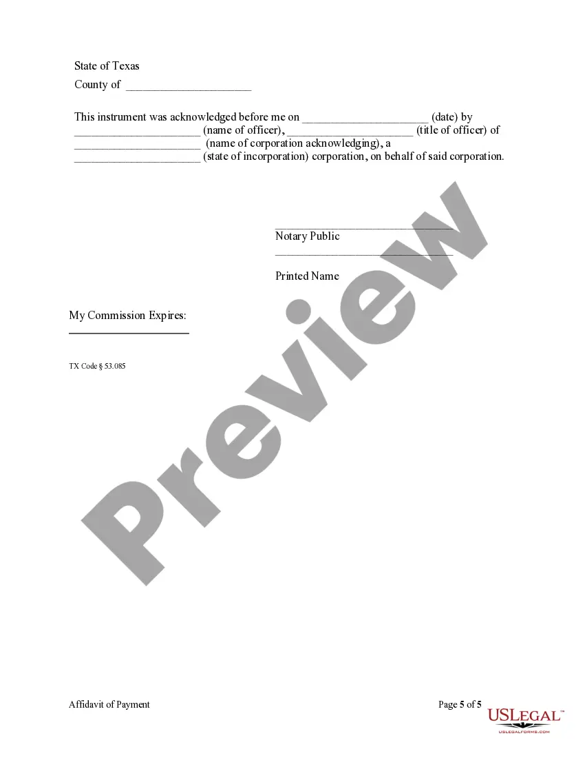 Preview Affidavit of Payment by Claimant other than Contractor - Mechanics Liens - Corporation