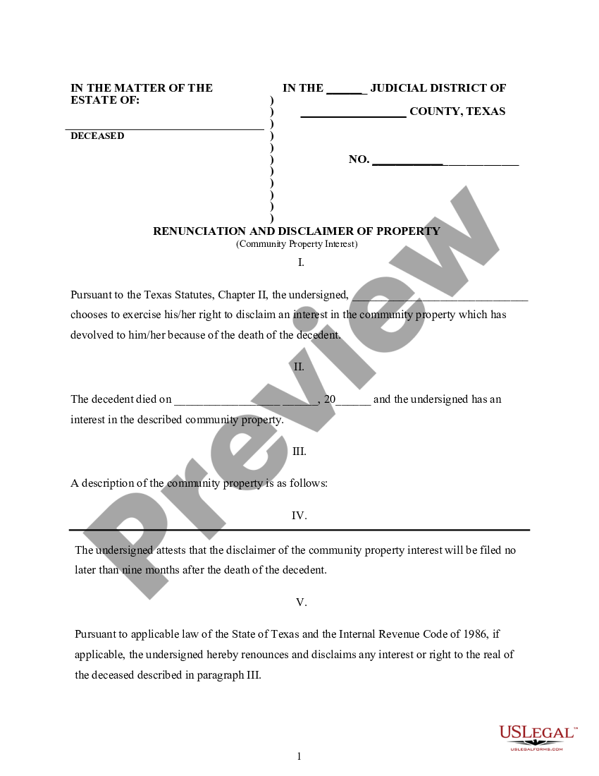 Texas Renunciation And Disclaimer Of Property Relinquish Rights To Property Form Texas Us 7105