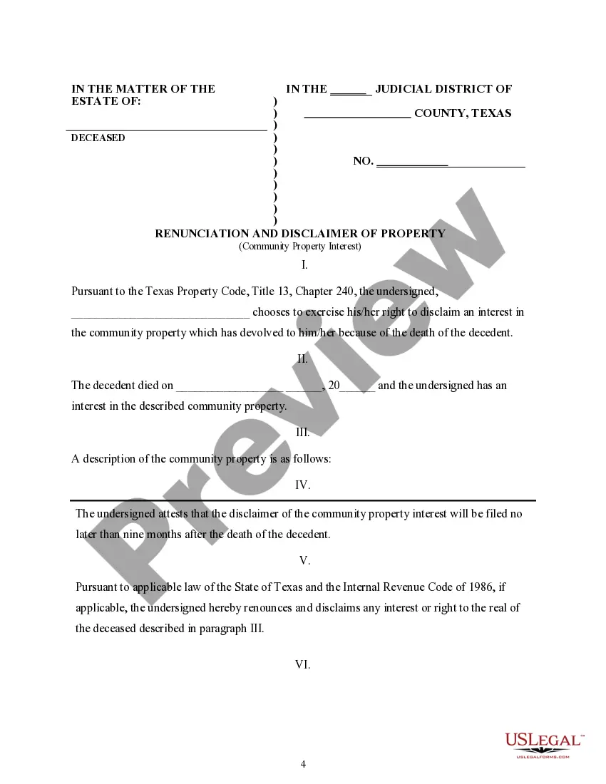 Preview Renunciation And Disclaimer of Property - Community Property Interest