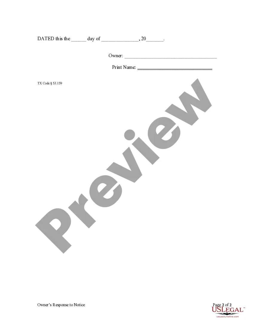 Preview Owner's Response to Request for Information from Potential Claimant - Mechanics Liens - Individual