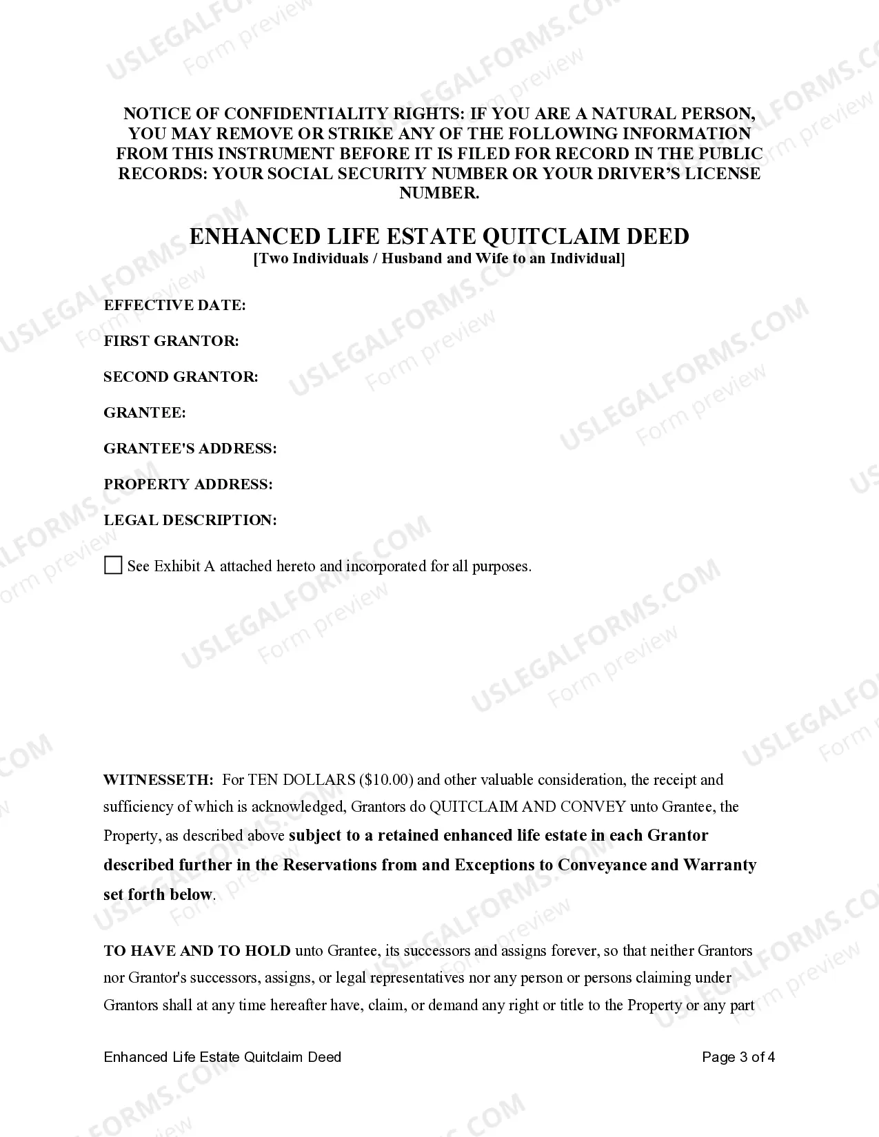 Preview Enhanced Life Estate or Lady Bird Quitclaim Deed from Two Individuals, or Husband and Wife, to an Individual