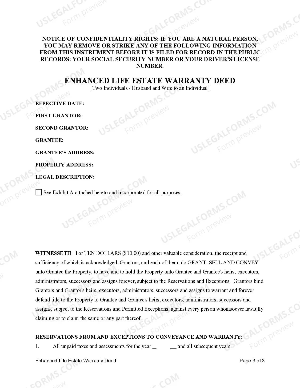 Preview Enhanced Life Estate or Lady Bird Grant Deed from Two Individuals, or Husband and Wife, to an Individual