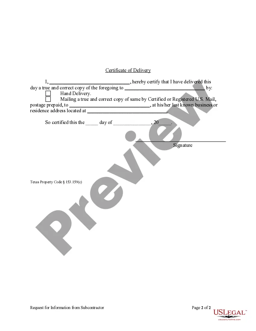 Preview Request for Information From Subcontractor - Corporation