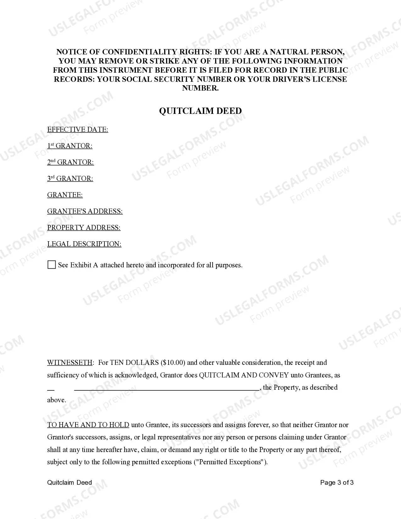 Preview Quitclaim Deed - Three Individuals to One Individual