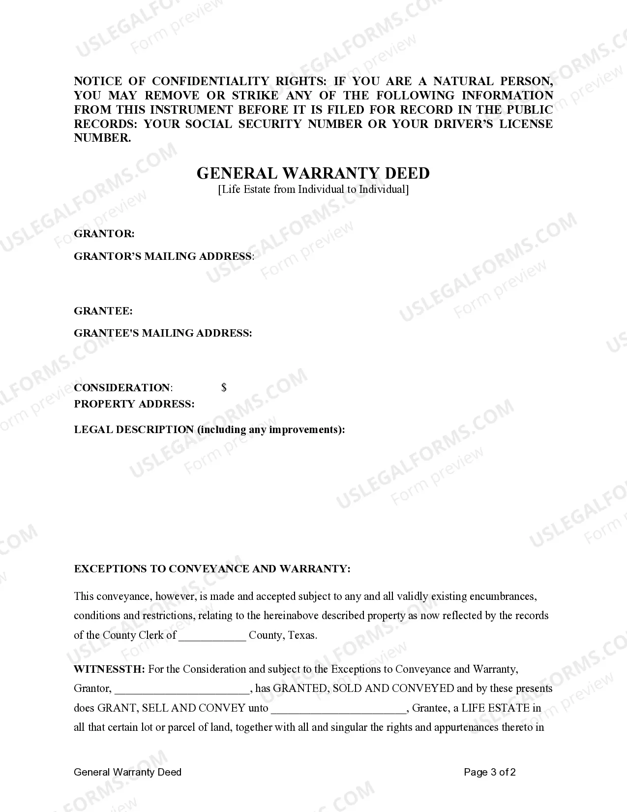 Preview General Warrant Deed - Life Estate from Individual to Individual