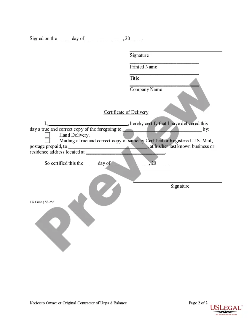 Preview Notice to Owner or Original Contractor of Unpaid Balance - Corporation